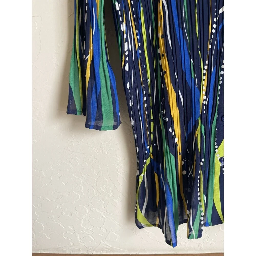 Maggie Barnes 1X Crinkle Collared Button Front Long Sleeve Shirt Cobalt Blue Yel